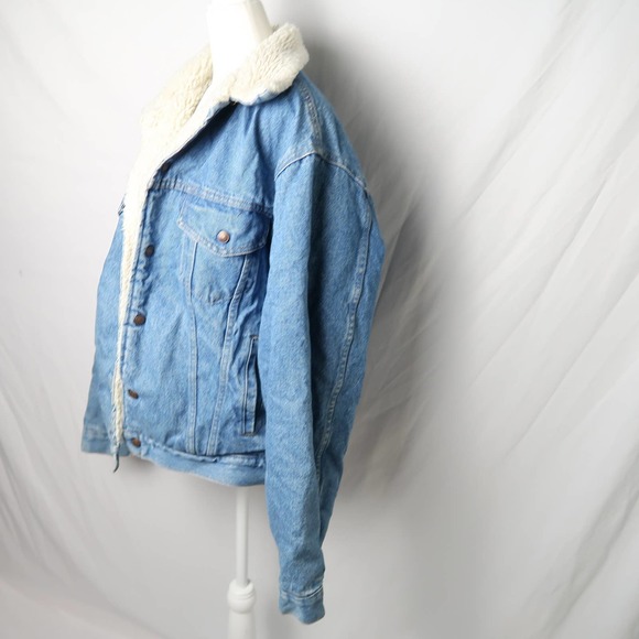 Vintage 80s Plain Pockets Men's blue denim sherpa lined jacket M - Picture 3 of 8